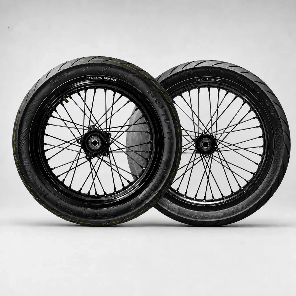 Black CNC supermoto wheelset with CST street tires